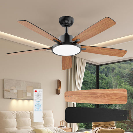 TALOYA 52 Inch Black Ceiling Fans with Lights Led Remote Control Flush Mount Low Profile for Bedroom Living Dining Room Outdoor Farmhouse Patio,Reversible,DC Motor,Diammable,Buzzer ON/Off,5 Blades TALOYA