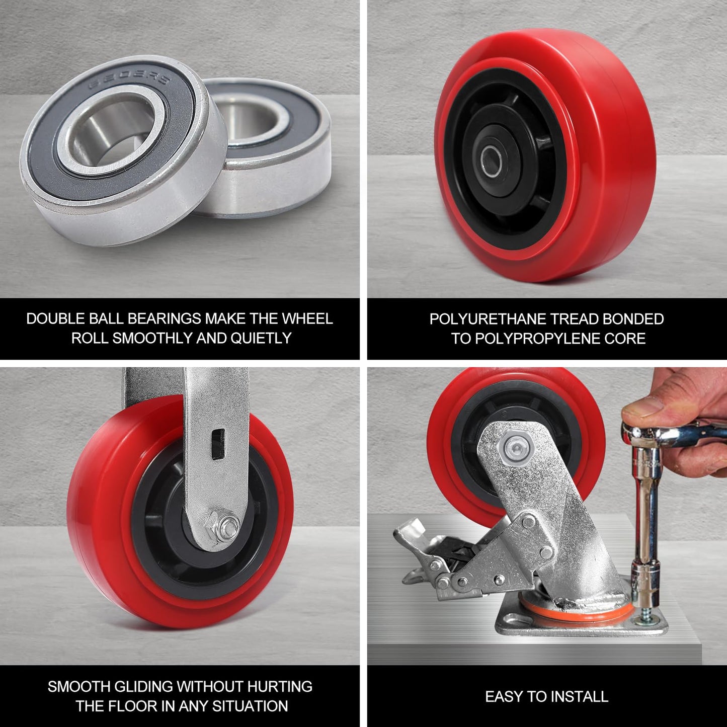 ZDNEY 5 Inch Polyurethane Caster Wheels- Polyurethane on Polyolefin Core Wheel with Double Roller Bearing, Casters Set of 4 Heavy Duty with 4000 lbs Capacity, Use for Handling, Industrial Trolleys