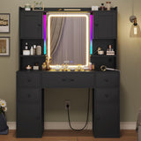 Tiptiper Large Makeup Vanity Desk with Mirror and Lights, Vanity Table with Charging Station & Time Display & Ambient Light, Makeup Table with Drawers & Storage Cabinets, Black Tiptiper