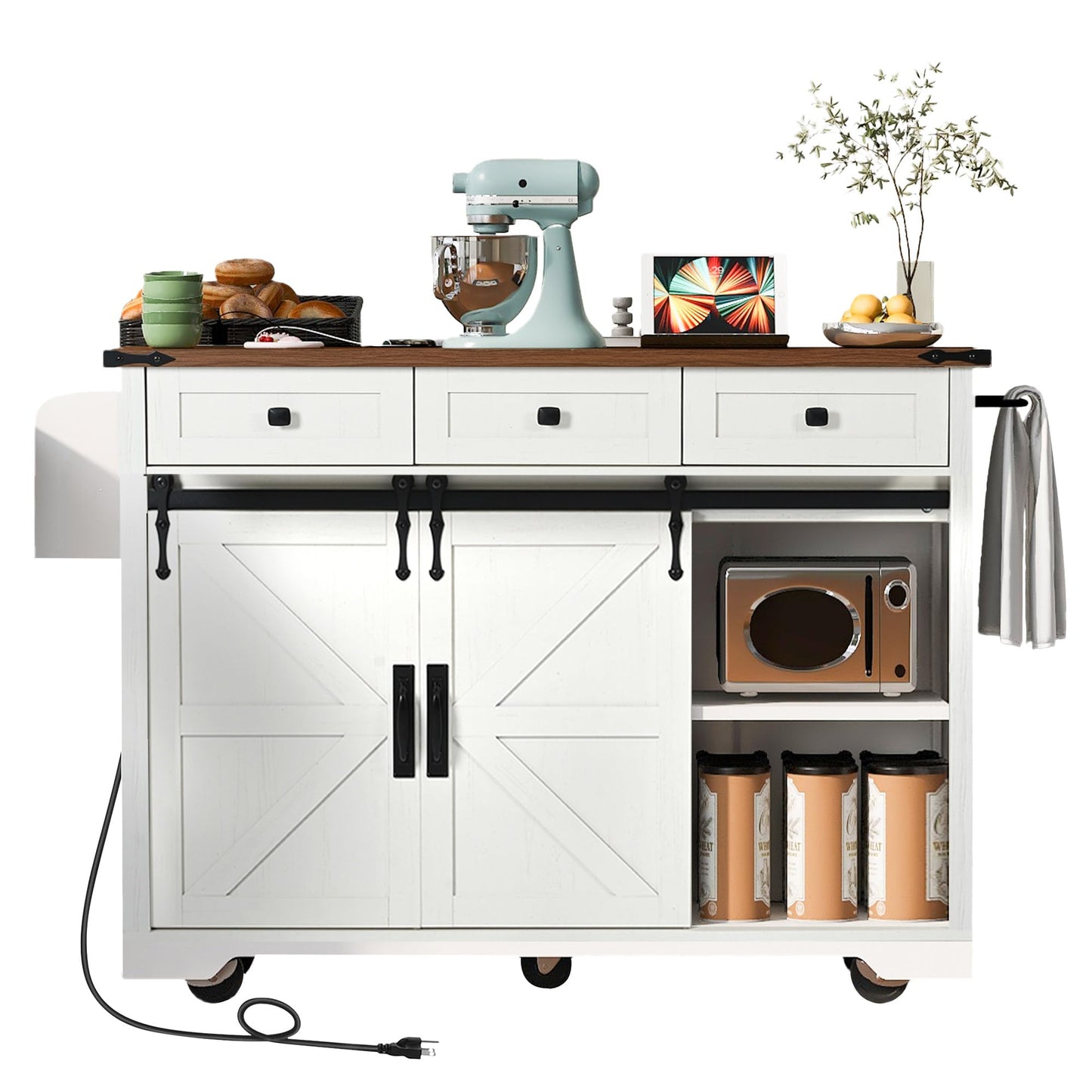 Tdewlye Farmhouse Kitchen Island with Power Outlet, 2 Sliding Barn Door Kitchen Storage Island with Drop Leaf, Spice Rack Rolling Kitchen Cart on Wheels, for Kitchen,Dining Room (White-@1)