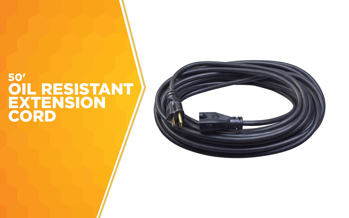 Woods 982452 50-Foot SJTOW Agricultural Outdoor Heavy Duty All- Weather Extension Cord, Oil Resistant Vinyl Jacket, Versatile Use, Powerful 15 Amps, 125 Volts, 1,875 Watt Extension Cord, Black Woods