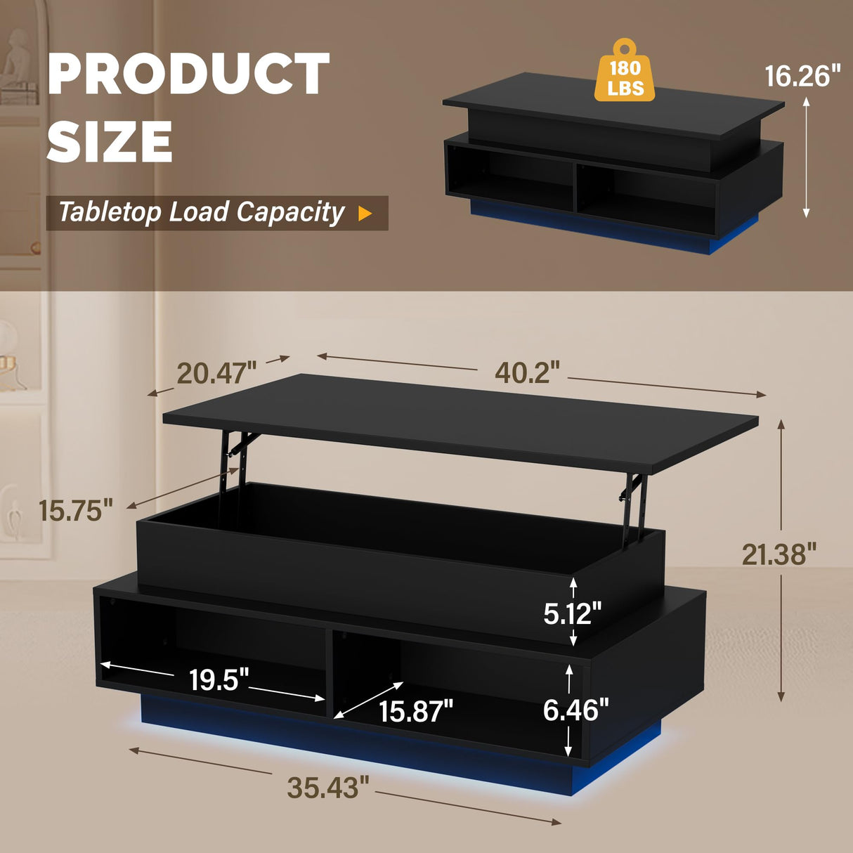 YESHOMY 40" Lift Top Coffee Table with Hidden Storage & Multi-Color LED Lights, Modern Square Wood Table with 4 Open Shelves for Living Room and Small Space, Black YESHOMY