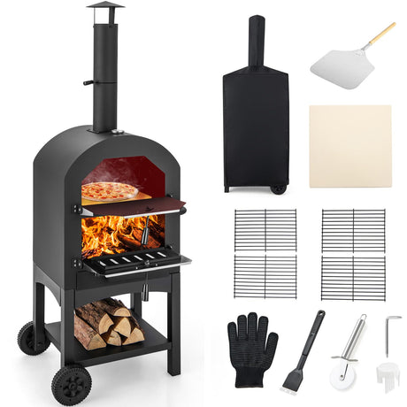 Giantex Pizza Oven Outdoor, Wood Fired Pizza Oven with Pizza Stone, Pizza Peel, Waterproof Cover, Cooking Grids, Pizza Maker with Wheels for Outside Camping Backyard Party (64 Inch) Giantex