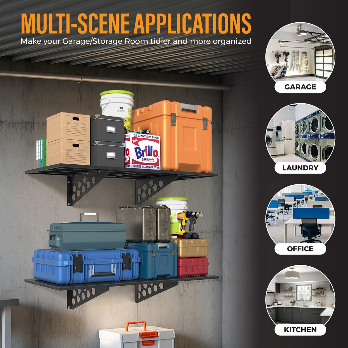 4 Pack 1,5x4ft Heavy Duty Garage Wall Shelving, Garage Shelving Wall Mounted, Storage Rack with Hooks (Black) BTRAM