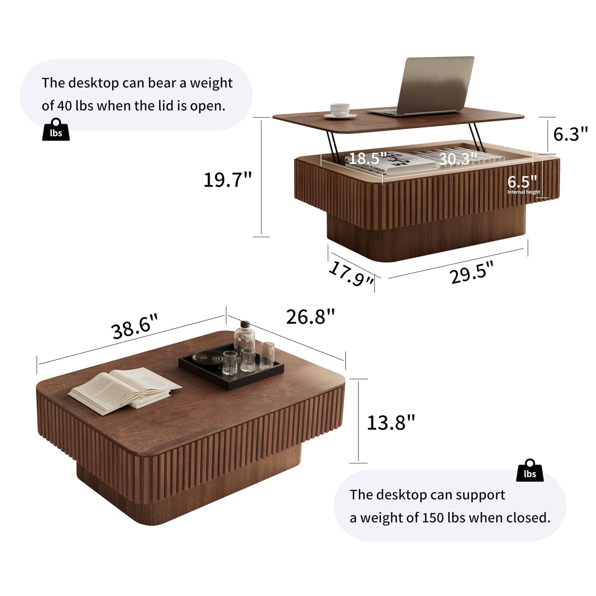 Coffee Table with Lifting Top for Living Room,Mid Century Modern Wood Fluted Lift Top Coffee Tables with Storage,38.6'' Modern Smart Rectangular Lift Pull Up Tabletop for Apartment Office,Walnut BSYEIO