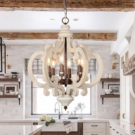 HMVPL Famrhouse Chandeliers for Bedrooms,6-Lights Dining Room Light Fixtures Over Table,Farmhouse Wooden Pendant Light with Candle Sockets,Retro Chandelier for Living Room Kitchen Foyer Island(20.1") HMVPL