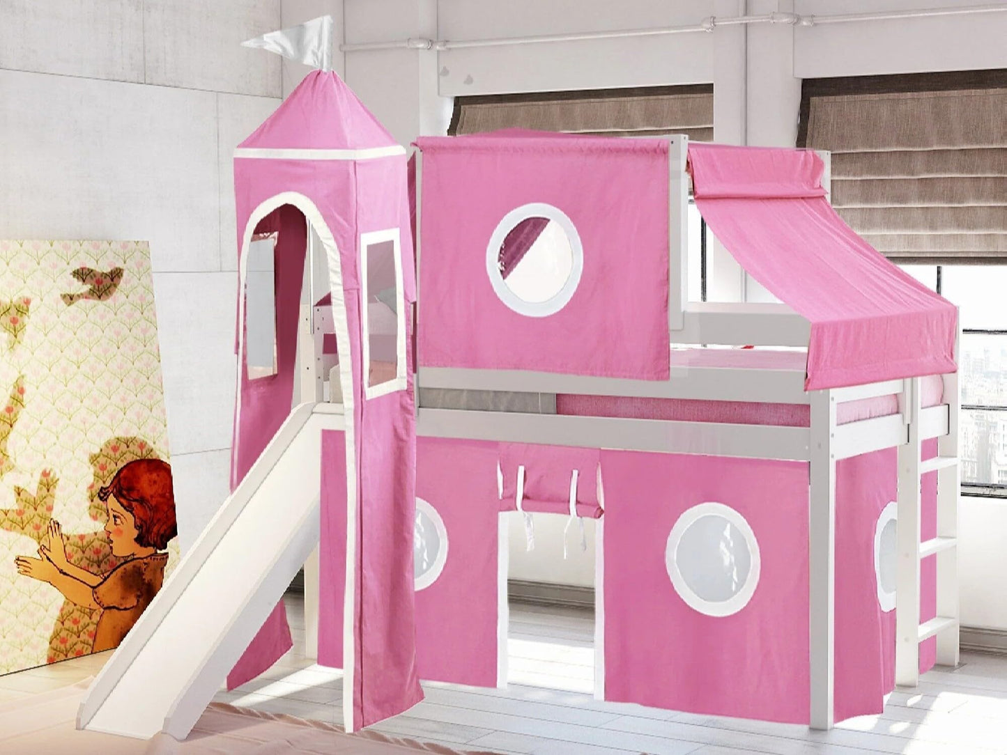 JACKPOT! Princess Low Loft Bed with Slide, Pink and White Tent and Tower, Twin, White