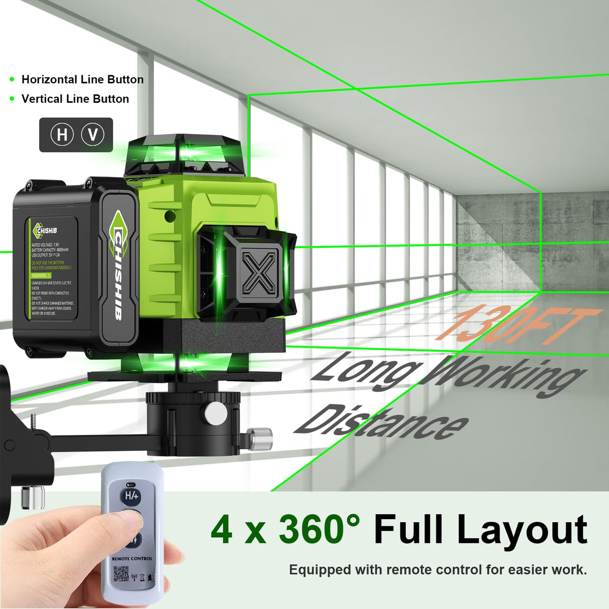 16 Lines Green Laser Level Kit -4x360° 4D Self-Leveling Cross Line Laser Level, Rotary Base and Accessories for Construction, Home Improvement and Picture Hanging,Portable Hard Carry Case Included… CHISHIB