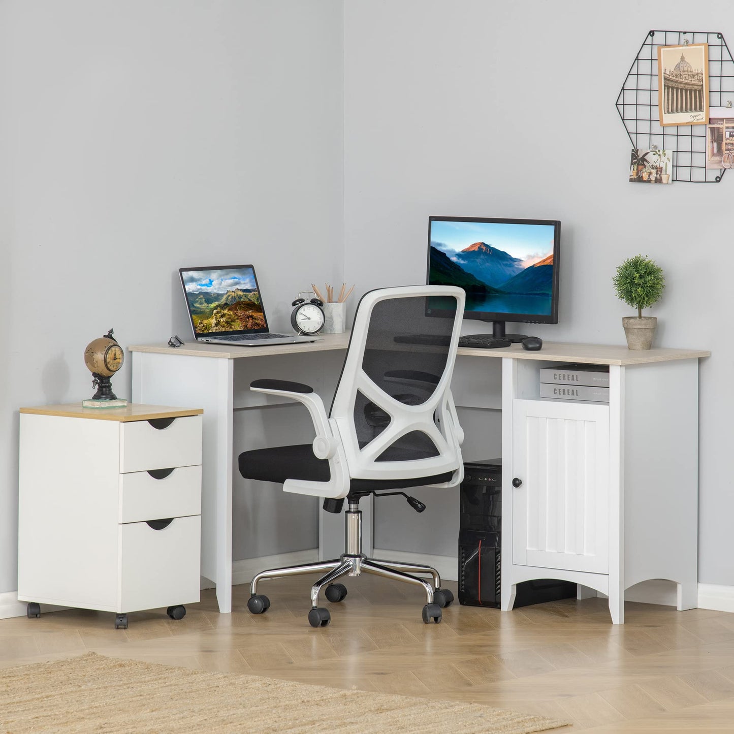 HOMCOM L-Shaped Computer Desk with Open Shelf and Storage Cabinet, Corner Writing Desk with Adjustable Shelf, White - WoodArtSupply