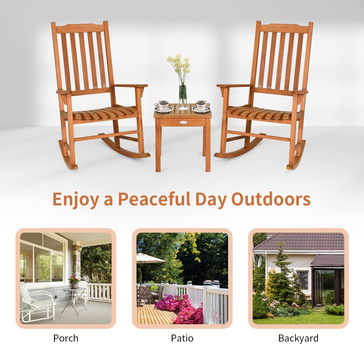 Tangkula 3 Piece Patio Rocking Bistro Set, Patiojoy Eucalyptus Wood Conversation Set with 2 Rockers and 1 Coffee Table, Outdoor Rocking Chair Set with Coffee Table for Porch, Patio and Backyard Tangkula
