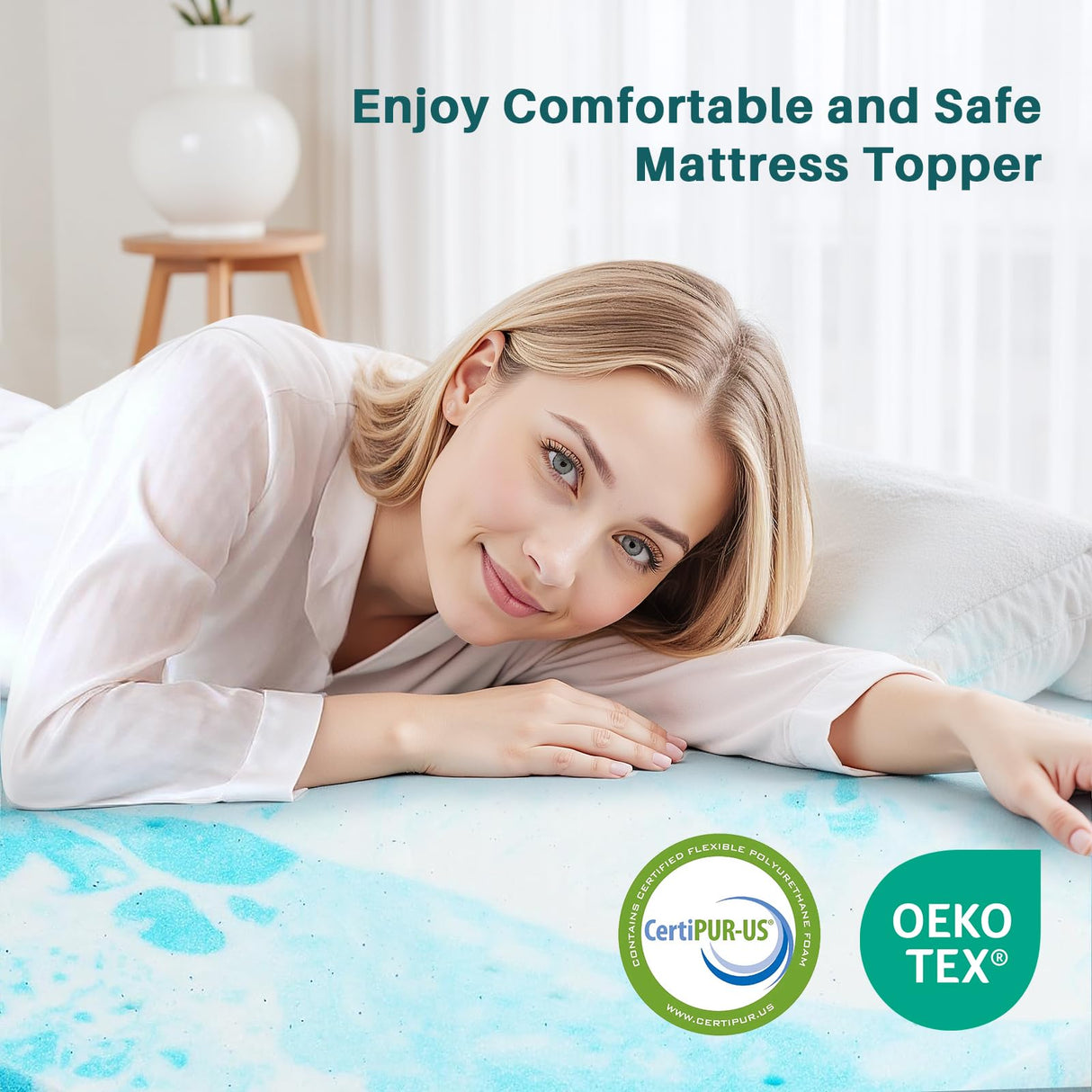 2 Inch Mattress Topper Queen, Gel Memory Foam Infused Bed Toppers, Ventilated Soft Mattress Pads for Pressure Relief, CertiPUR-US Certified, Blue SMUG