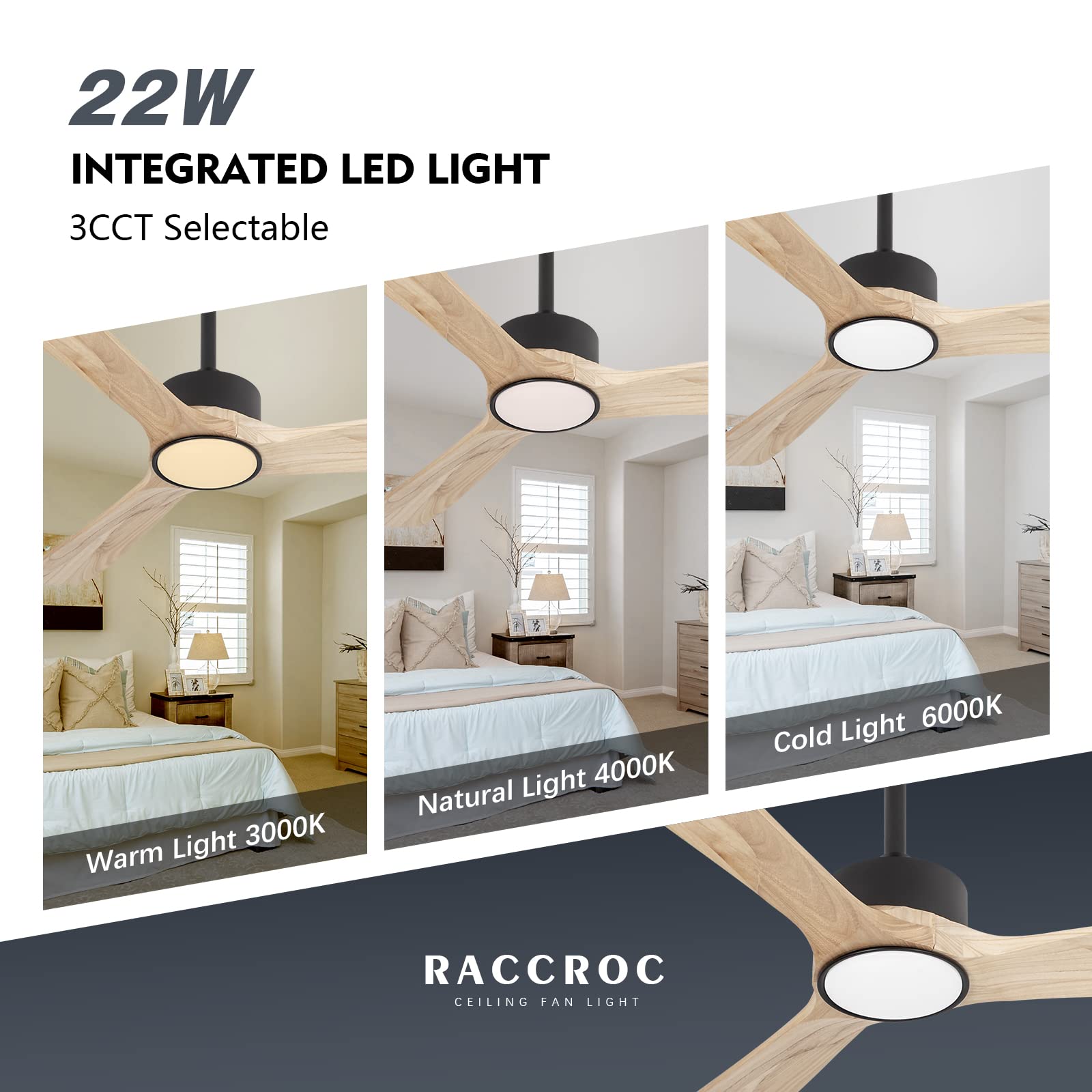 raccroc Wood Ceiling Fans with Lights and Remote,52in Ceiling Fan,22W LED Light Modern Ceiling Fan with Lights,3 Natural Solid Wood Blades,6 Speeds,Reversible Quiet DC Motor - WoodArtSupply