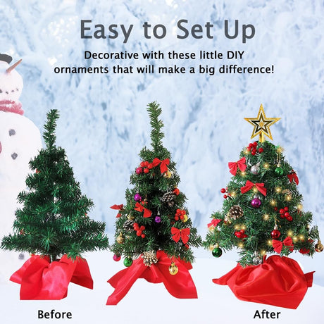 Juegoal 24 Inch Mini Christmas Tree Set, Table Top Artificial Christmas Trees with 50 LED Lights, Ornaments and Red Berries, Best DIY Christmas Decorations Juegoal