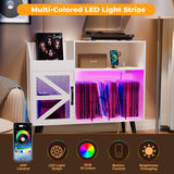 Large White Record Player Stand with Magnetic Door,350 Vinyl Record Storage Cabinet, Record Player Table with Power Outlet & LED Light,Turntable Stand with Wood Legs for Living Room,Bedroom,Office Bonvork