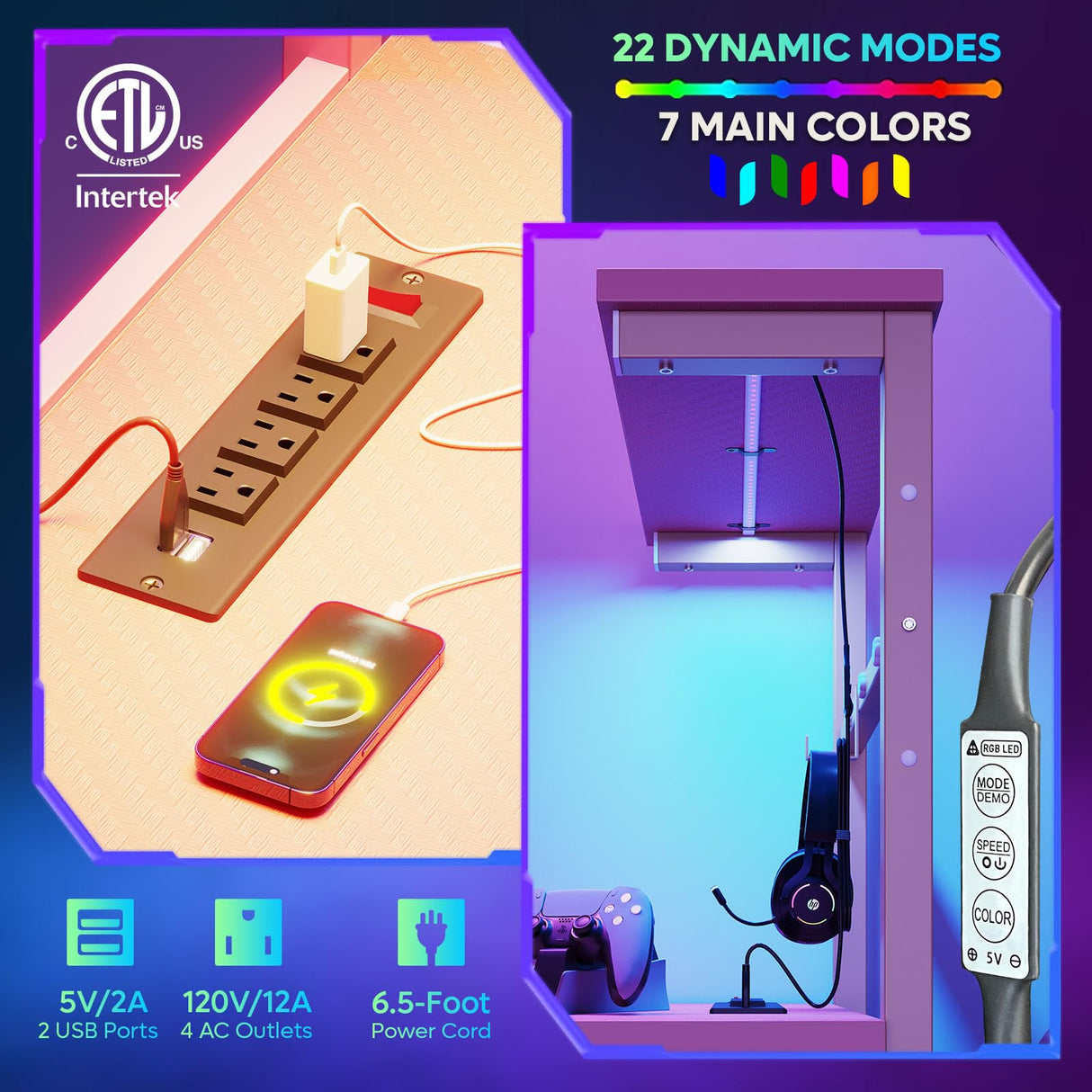 Bestier Gaming Desk with Power Outlets, 61 Inch Large Led Gamer Desk with 4 Tiers Reversible Shelves, PC Gaming Table with Headset Hook & Side Storage Bag for Bedroom (Pink 3D Carbon Fiber) Bestier