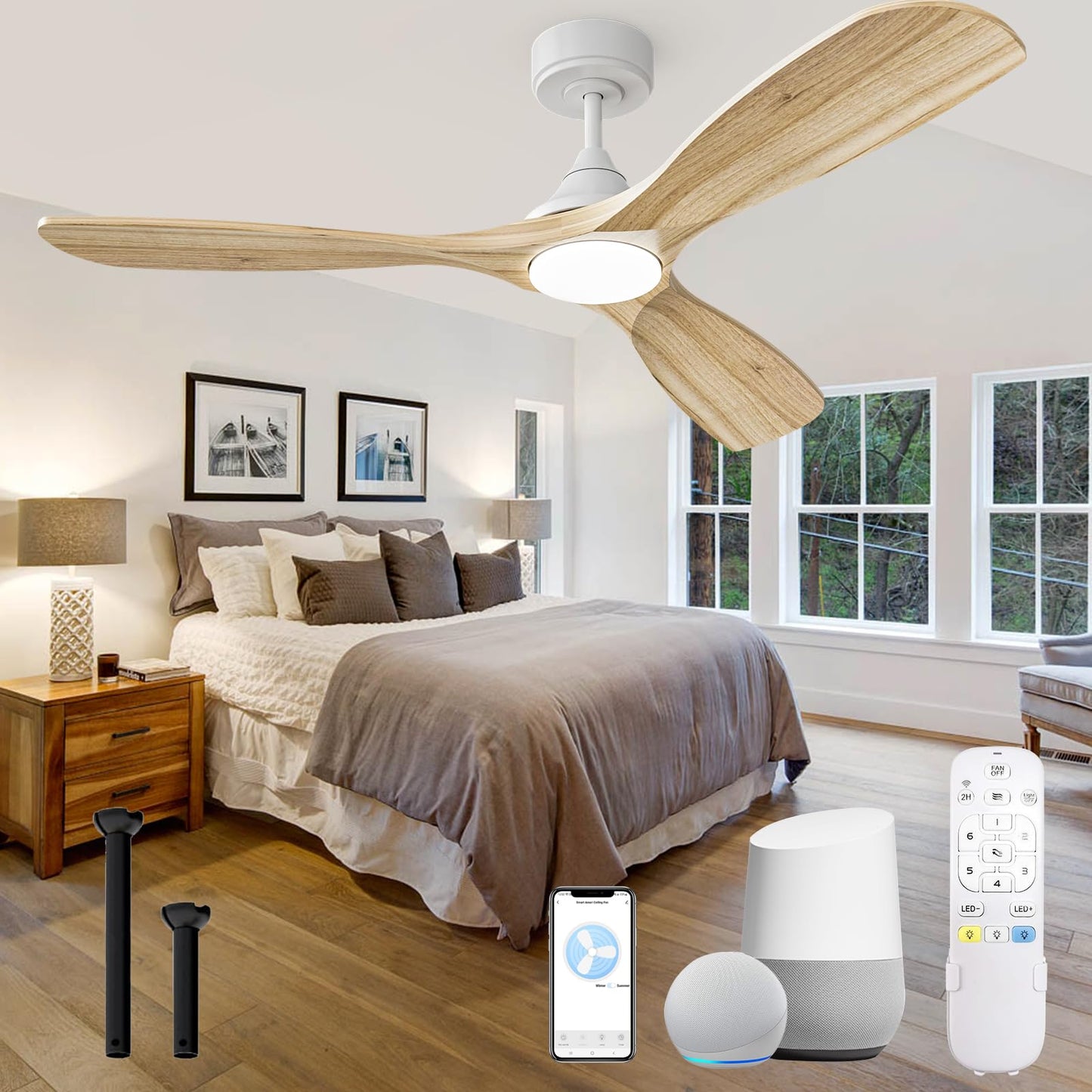 60 Inch Smart Ceiling Fan with Lights, Wood Blades Ceiling Fan with Remote, Alexa, App Controls, Quiet DC Motor 6 Speed, Timing, High CFM, Dimmable LED Light for Home Office, White + Natural Wood