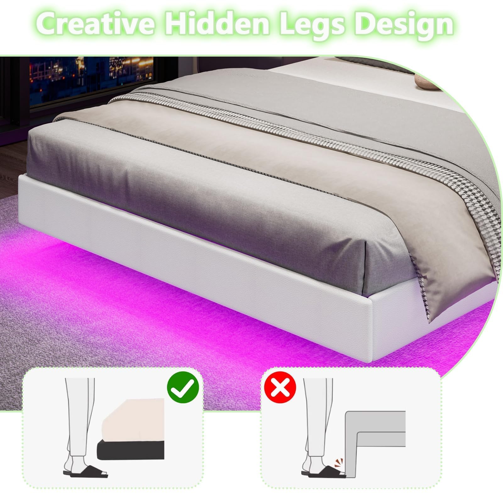 Floating Full Bed Frame with RGB LED Lights and Upholstered Headboard - IMMERSTABLE - WoodArtSupply