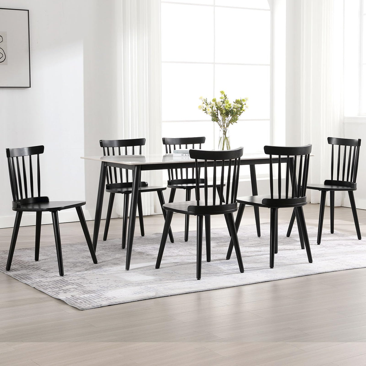 RêveLife Windsor Dining Chair Set of 6 Farmhouse Solid Wood Spindle Back Side Chair Mid-century Modern Black Armless Kitchen Chair for Dining Living Room Farmhouse Restaurant RêveLife