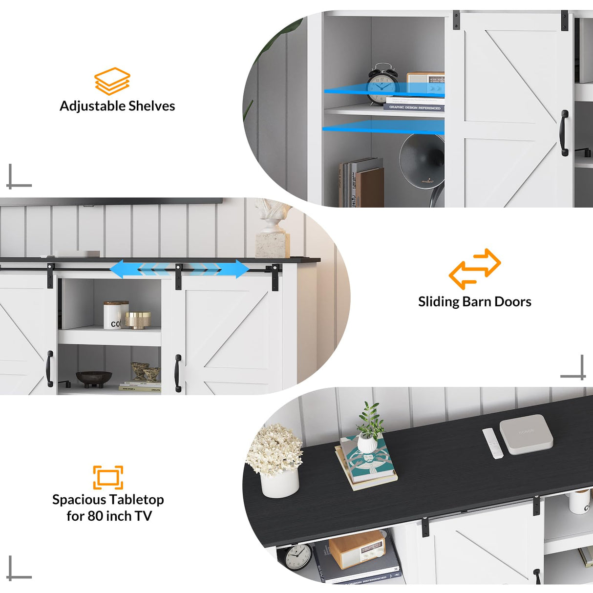 GarveeLife 70 in Farmhouse TV Stand with Power Outlets for Televisions Up to 80 in TVs, Sliding Barn Door & Large Storage Cabinets with Adjustable Shelf, 32 in Tall TV Media Console, White GarveeLife