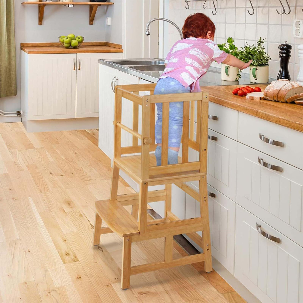 COSYLAND Kids Kitchen Step Stool，Toddler Standing Tower with CPC Certification, Removable Anti-Drop Railing Safety Rail Enjoys Unique Patented Design A Anti-tip Structure More Stable, Natural Bamboo COSYLAND