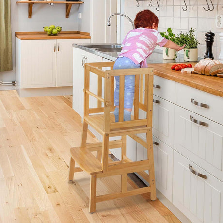 COSYLAND Kids Kitchen Step Stool，Toddler Standing Tower with CPC Certification, Removable Anti-Drop Railing Safety Rail Enjoys Unique Patented Design A Anti-tip Structure More Stable, Natural Bamboo COSYLAND