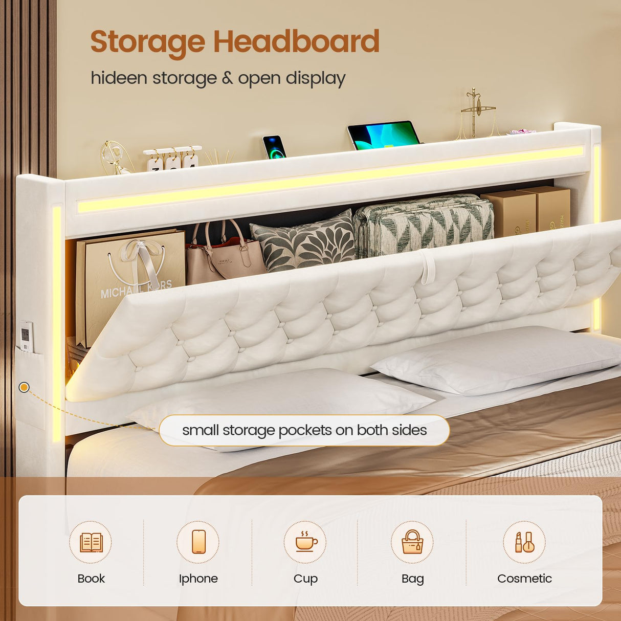 BTHFST King Upholstered LED Bed Frame with 5 Drawers, Velvet Hidden Storage Headboard with Charging Station, Button Tufted Headboard and Heavy Duty Metal Slats Support, No Box Spring Needed, Beige BTHFST