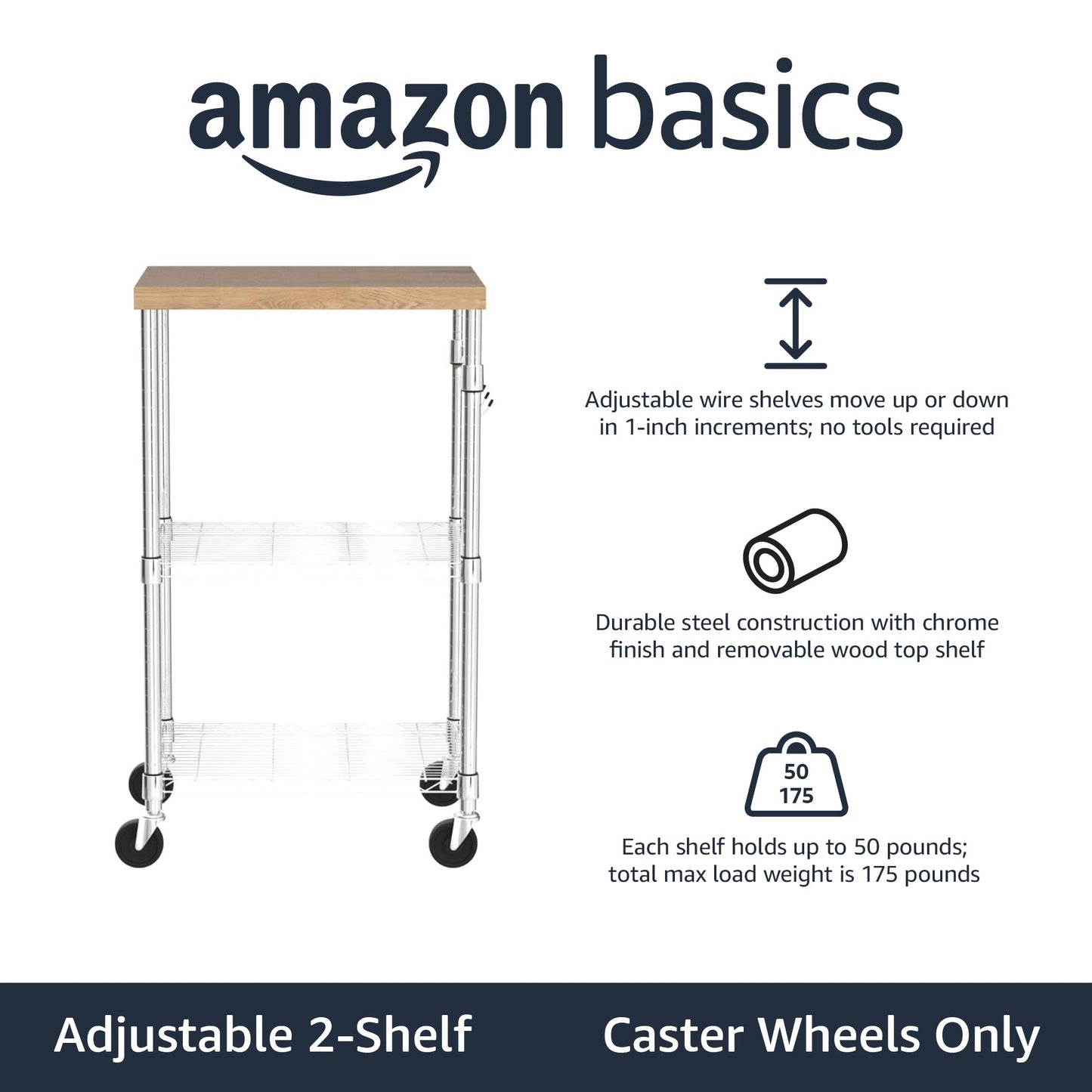 Amazon Basics Portable Kitchen Storage Rack on Caster Wheels with Adjustable Shelves, 175 Pound Capacity, 21 x 15 x 36.7 inches (LxWxH), Wood/Chrome