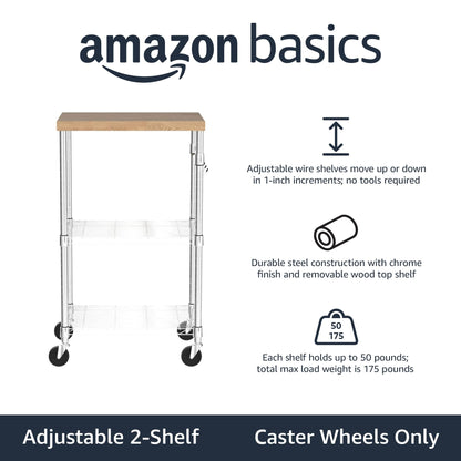 Amazon Basics Portable Kitchen Storage Rack on Caster Wheels with Adjustable Shelves, 175 Pound Capacity, 21 x 15 x 36.7 inches (LxWxH), Wood/Chrome