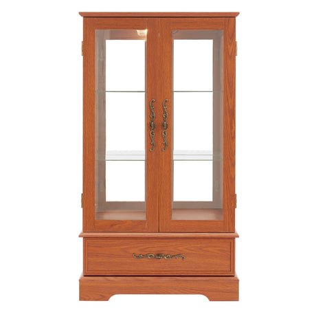 CKEASEAN Curio Cabinet 47" H Vintage Glass Display Cabinet with 3-Tier Adjustable Glass Shelves, Acrylic Mirrored Back Pane, Light Blub Included, China Cabinet for Living Room (Dark Oak) CKEASEAN