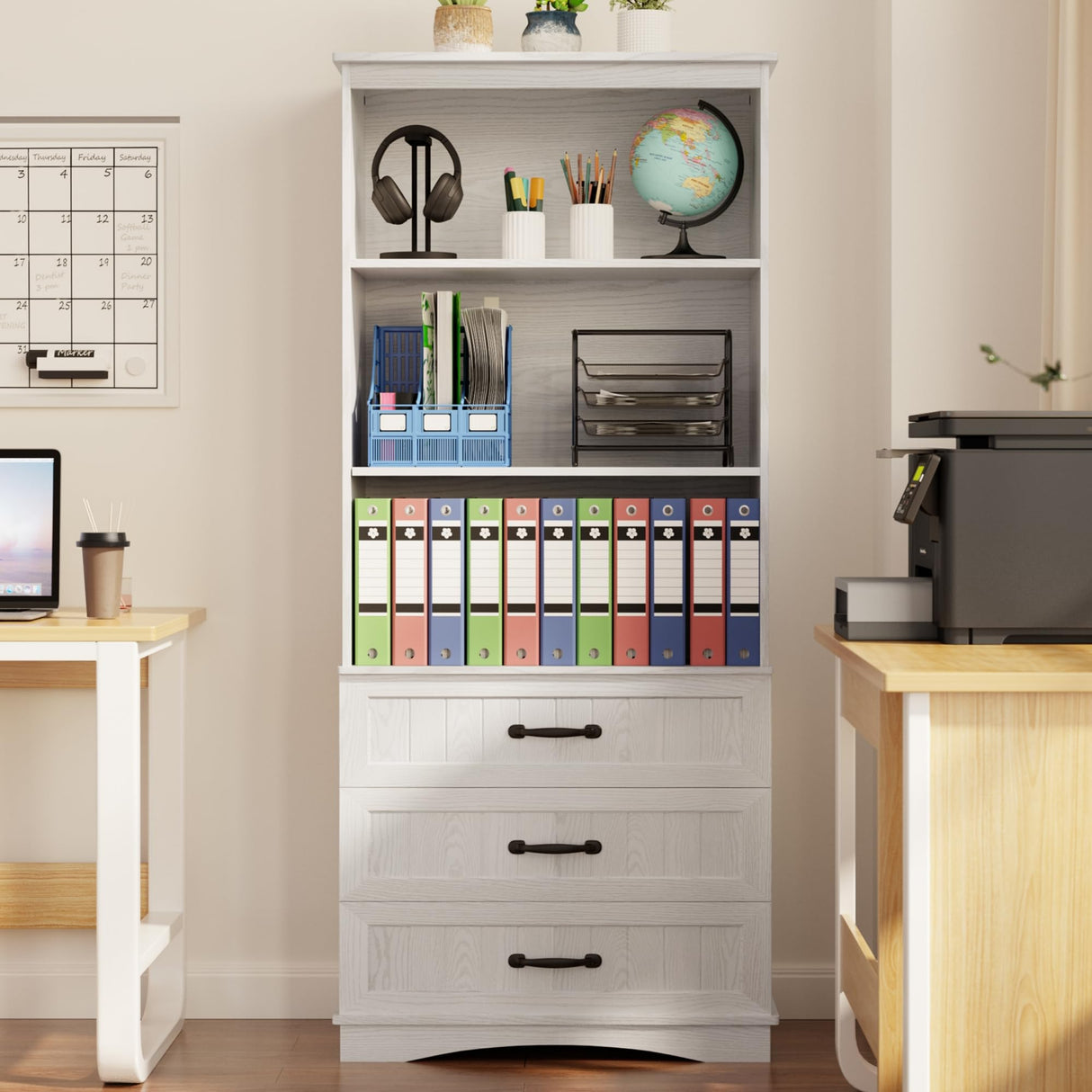 Gizoon 70'' Tall Bookcase with 3 Drawers Wooden Bookshelf with Storage Cabinet Multifunctional Book Storage Organizer for Office Living Room and Bedroom，White Gizoon