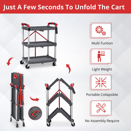 Towallmark Portable Folding Service Cart, 3 Tier Folding Utility Cart, Collapsible Utility Carts for Office, Warehouse, and Home, 56 Lbs Load Capacity per Shelf (Grey & Red) Towallmark