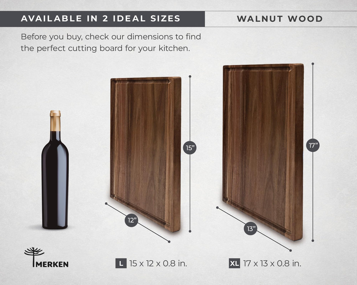 Premium Walnut Wooden Cutting Boards for Kitchen - Reversible Wood Chopping Board with Juice Groove, Xtra Large & XL Wood Cutting Board Set for Meat, Vegetables, Bread - Large Wood Cutting Board MERKEN