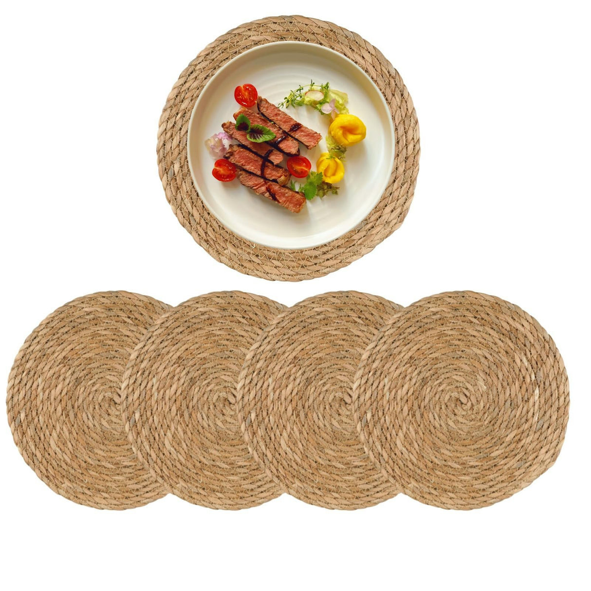 Round Woven Placemats Set of 4, 12" Boho Rattan Placemats Natural Hand-Woven Place Mats Table Decor, Chargers for Dinner Plates, Farmhouse Place Mats, Wicker Table Mats for Dining Table, Home Qavinch