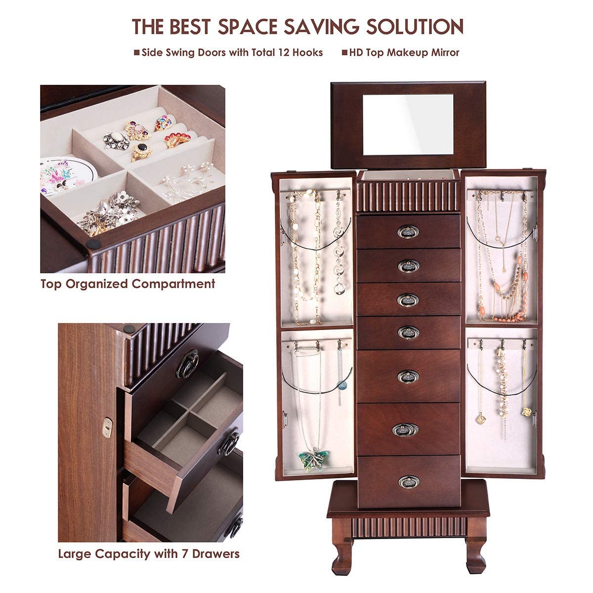 OFFICEJOY Jewelry Armoire Cabinet, Wooden Standing Jewelry Box w/ 7 Drawer, 2 Side Door, Flip Top Mirror, 12 Necklace Hook, Tall Jewelry Storage Chest for Women OFFICEJOY