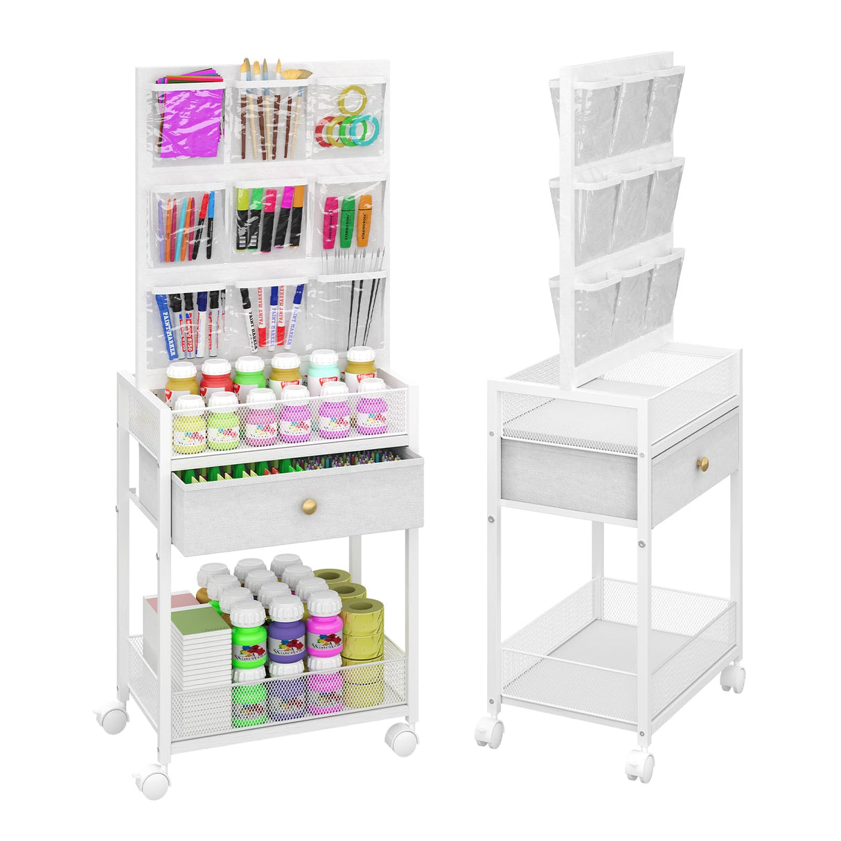5-Tier Craft Rolling Cart, Craft Organizers and Storage with 18-Pocket, Utility Cart with Drawer & Lockable Wheels, Art & Craft Supply Organizer for Kids' & Adults'Studio, Bedroom (White) Hencawima