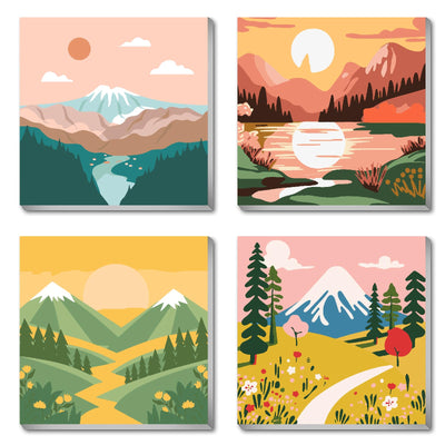 FQOVKYN 4 Packs Paint by Numbers Kit for Adults with Frame, DIY Landscape Adult's Paint by Number on Canvas, Mountain Oil Painting Kits for Home Wall Decor 8x8 Inch