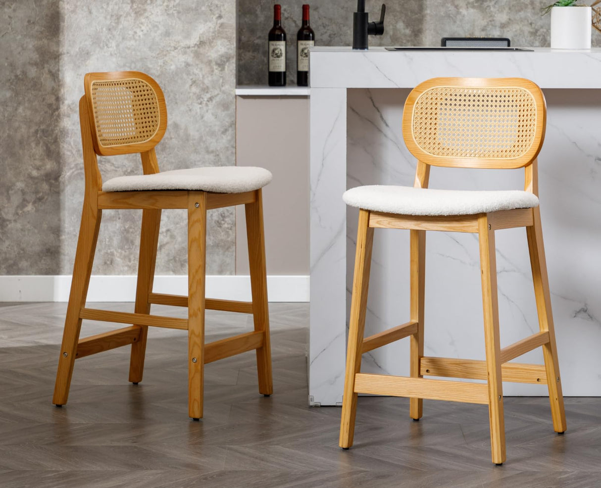 EALSON Counter Height Bar Stools Set of 2 Rattan Back Farmhouse Barstools Mid Century Modern Wood Bar Chairs Comfortable Sherpa Upholstered Kitchen Island Chairs for Pub/Breakfast Bar, Beige EALSON