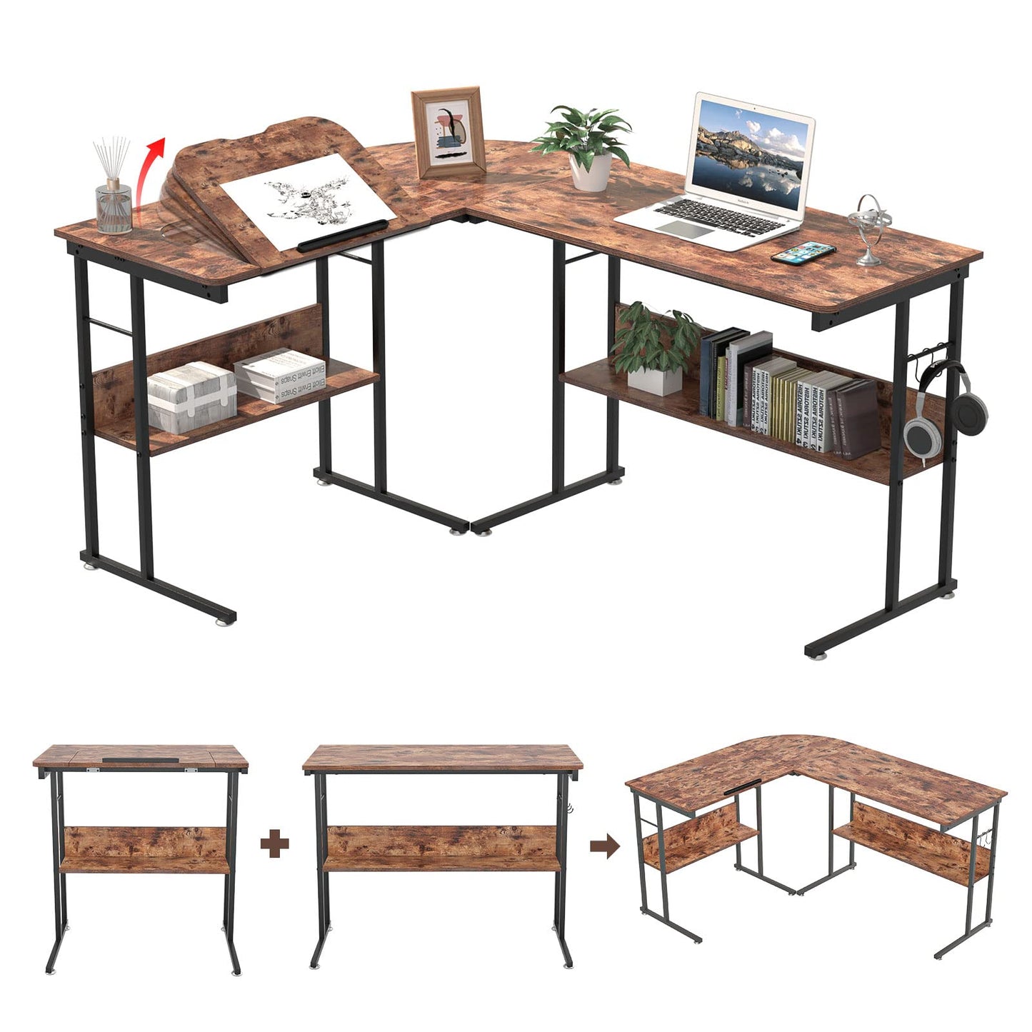 Knowlife Computer Desk L Shaped Desk 58 inch with Round Corner and Hooks Tiltable Desk for Small Space Brown - WoodArtSupply