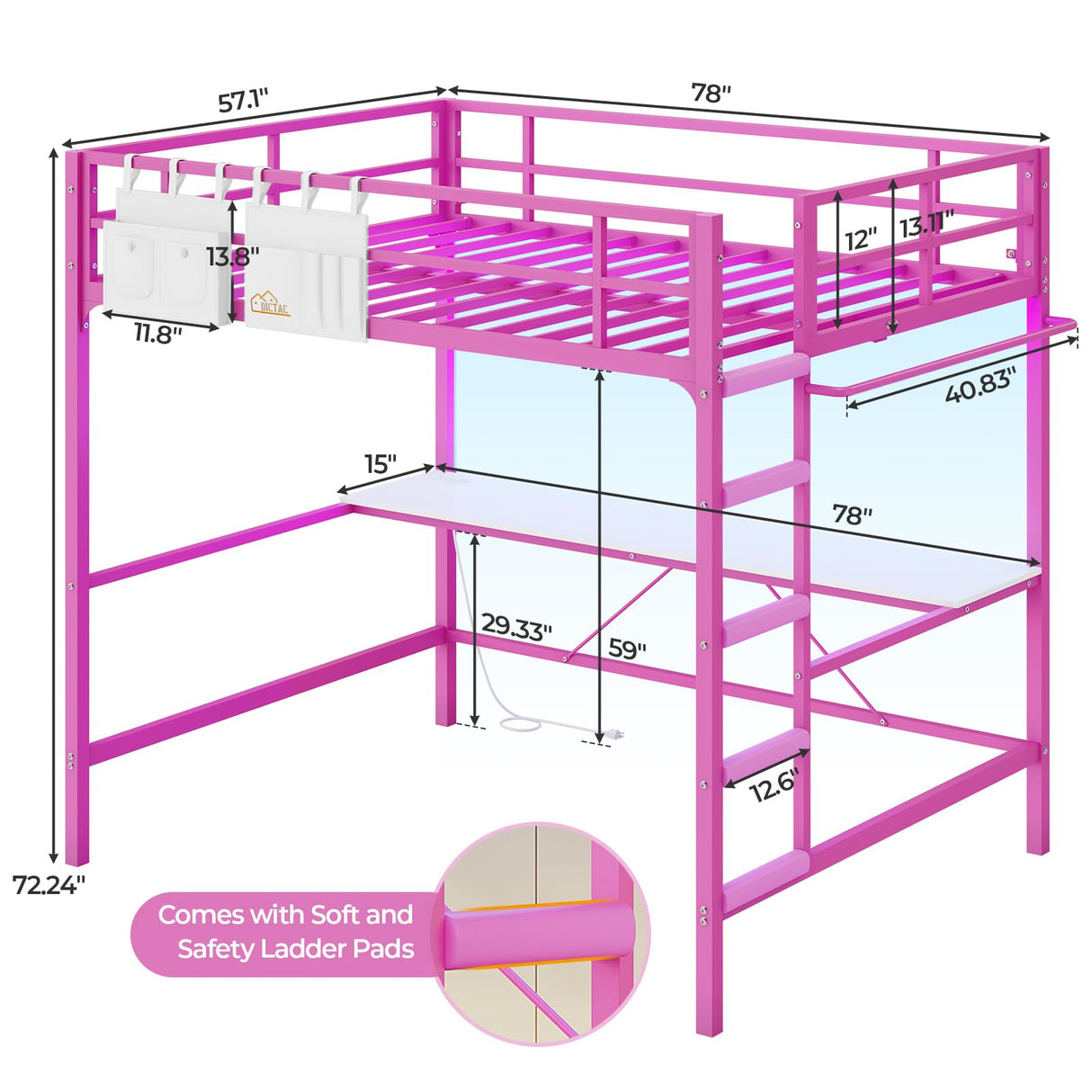 DICTAC Loft Bed Full Size with Desk and Led Lights Metal Full Loft Bed with Power Outlet Full Size Bed Frame with Top Bunk and Safety Guard & Ladder, Space-Saving,No Noise,No Box Spring Needed, Pink DICTAC
