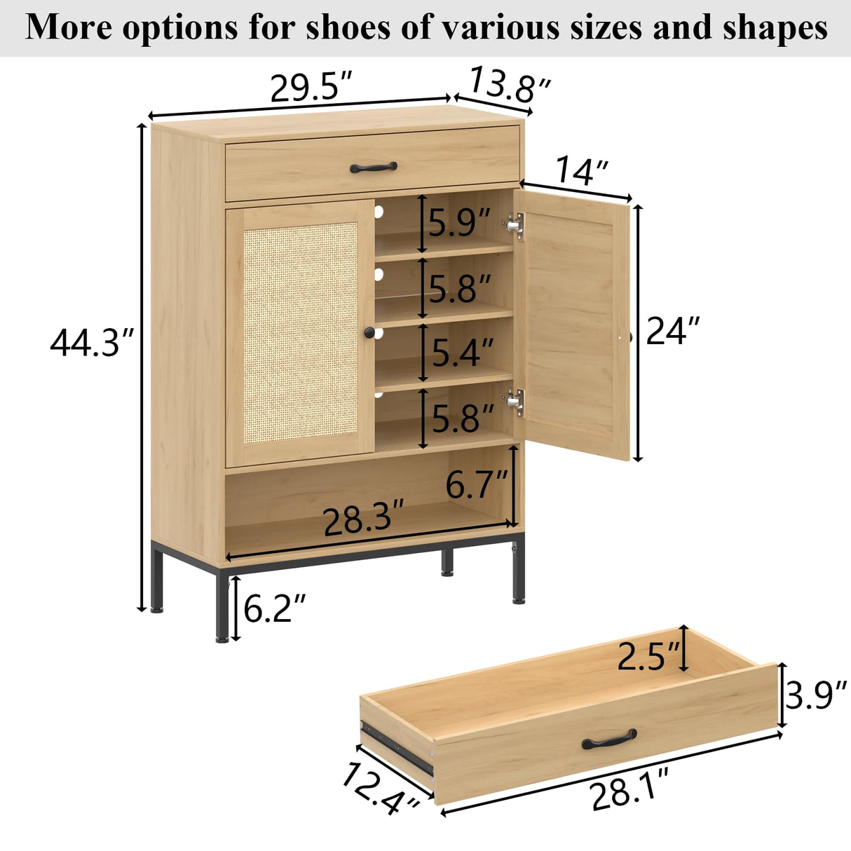 Loomie Rattan 5-Tier Shoe Storage Cabinet with Doors, Drawer & Cubby, 44.3" Boho Shoe Organizer for Entryway Hallway Closet (Natural) Loomie