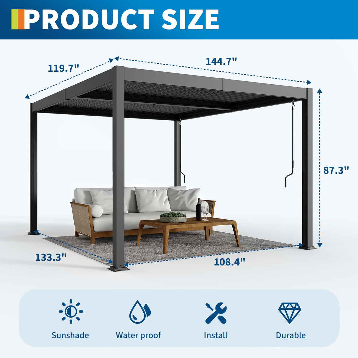 10X12 FT Pergola with Independent Adjustable Rainproof Roof, Outdoor Aluminum Louvered Pergola with Adjustable Top for Deck Garden Backyard PeakPursuit