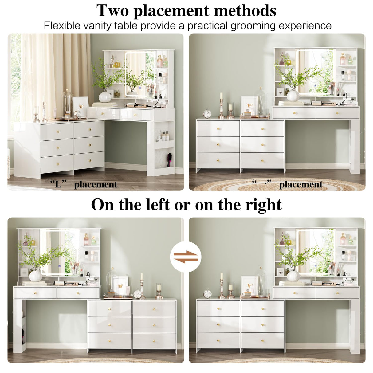 Ieejdn Makeup Vanity Desk with Mirror and Lights, Vanity Desk with 8 Drawers & Storage Shelves, Vanity Table with Power Outlet, 3 Color Modes & Adjustable Brightness Dressing Table, Bedroom,White Ieejdn