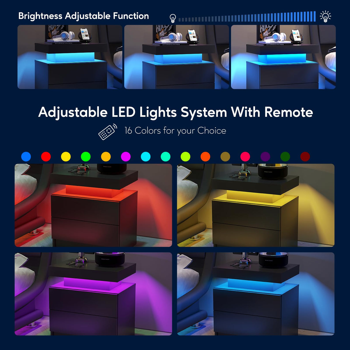 DobleCliCli LED End Table Set of 2, Modern Bedside Table with Storage, 20.5" Tall End Tables Bedroom Set of 2 with 2 Drawers, LED Furniture for Bedroom, Living Room, and Playroom, Black DobleCliCli