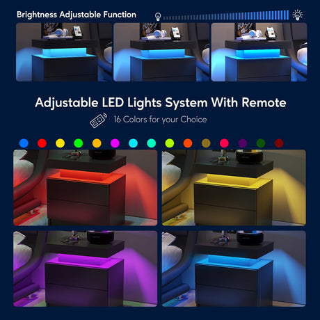 DobleCliCli LED End Table Set of 2, Modern Bedside Table with Storage, 20.5" Tall End Tables Bedroom Set of 2 with 2 Drawers, LED Furniture for Bedroom, Living Room, and Playroom, Black DobleCliCli