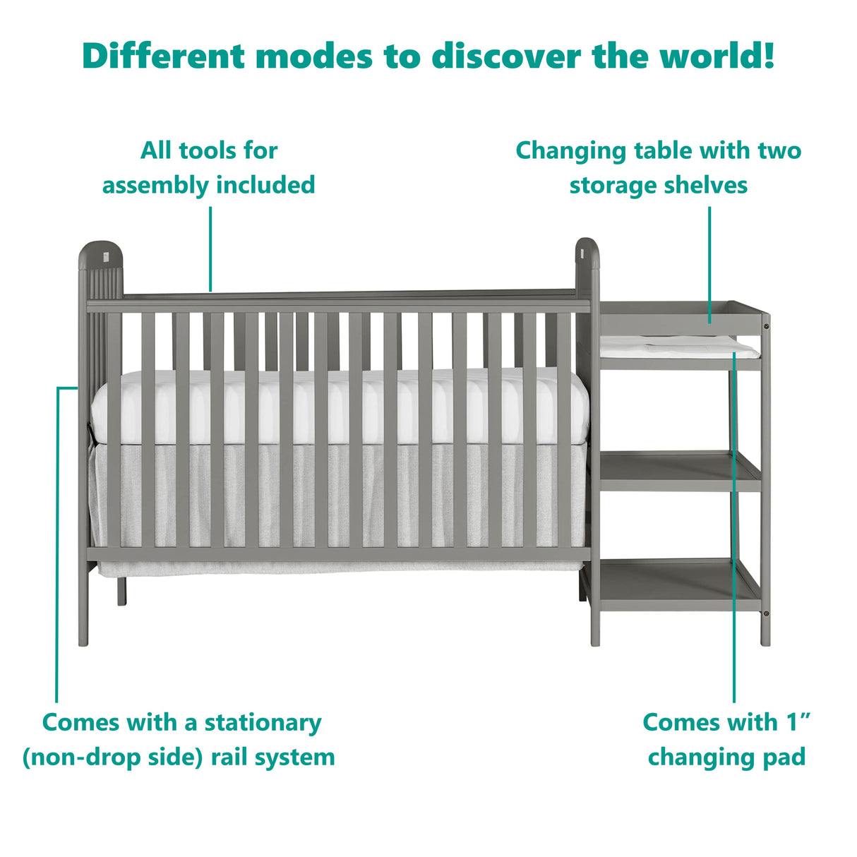 Dream On Me Anna 3-in-1 Full-Size Crib and Changing Table Combo in Steel Grey, Greenguard Gold Certified, Non-Toxic Finishes, Includes 1" Changing Pad, Wooden Nursery Furniture Dream On Me