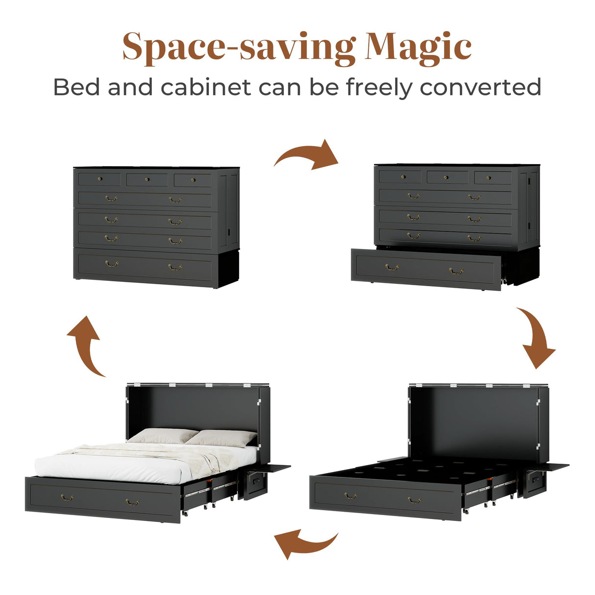 Tafeumob Murphy Bed Queen Size: Wood Murphy Bed Cabinet with Drawer Space-Saving with Golden Handle & Charging Station for Bedroom, Multipurpose Area, Guest Room, Apartment Black (Without Mattress) Tafeumob