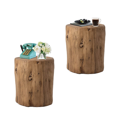 HOMPUS Concrete Outdoor Side TableSet of 2, 2 Piece Tree Stump Modern Round Coffee Table Accent Table Set Plant Stand Faux Wood End Table Garden Stool for Patio,Home Decor, Living Room, Oak HOMPUS