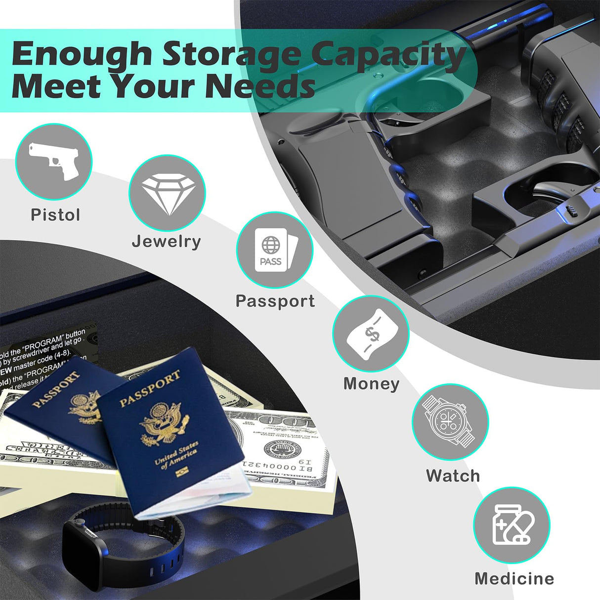 QINGENO Biometric Gun Safe,Clock Smart Safe Display with Temp,Humidity,Low Battery Warning,Drawer Gun Safe for Handgun - Nightstand Handgun Safe Pistol Safe (Black) QINGENO