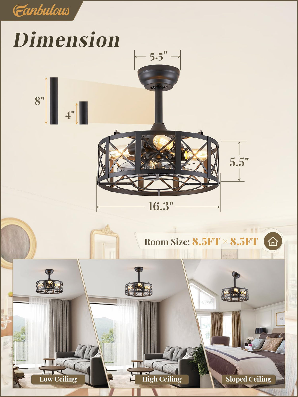 Fanbulous 16in Caged Ceiling Fans with Lights and Remote, Black Fandelier Ceiling Fan with 6 Speeds and Timing, Farmhouse Samll Fan Lights Ceiling Fixtures for Kitchen, Bedroom, Outdoor-Black X Fanbulous