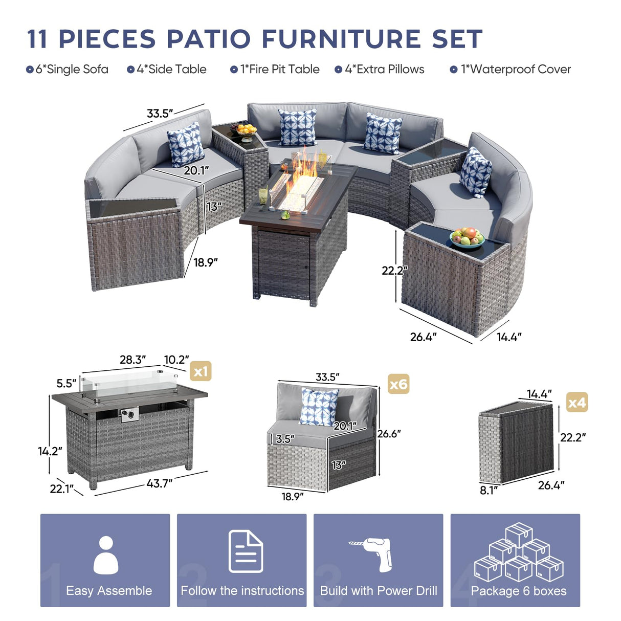 Restland Outdoor Half Moon Patio Furniture Set with Fire Pit Table, Grey Rattan Curved Patio Sectional Sofa, Wicker Conversation Set Restland